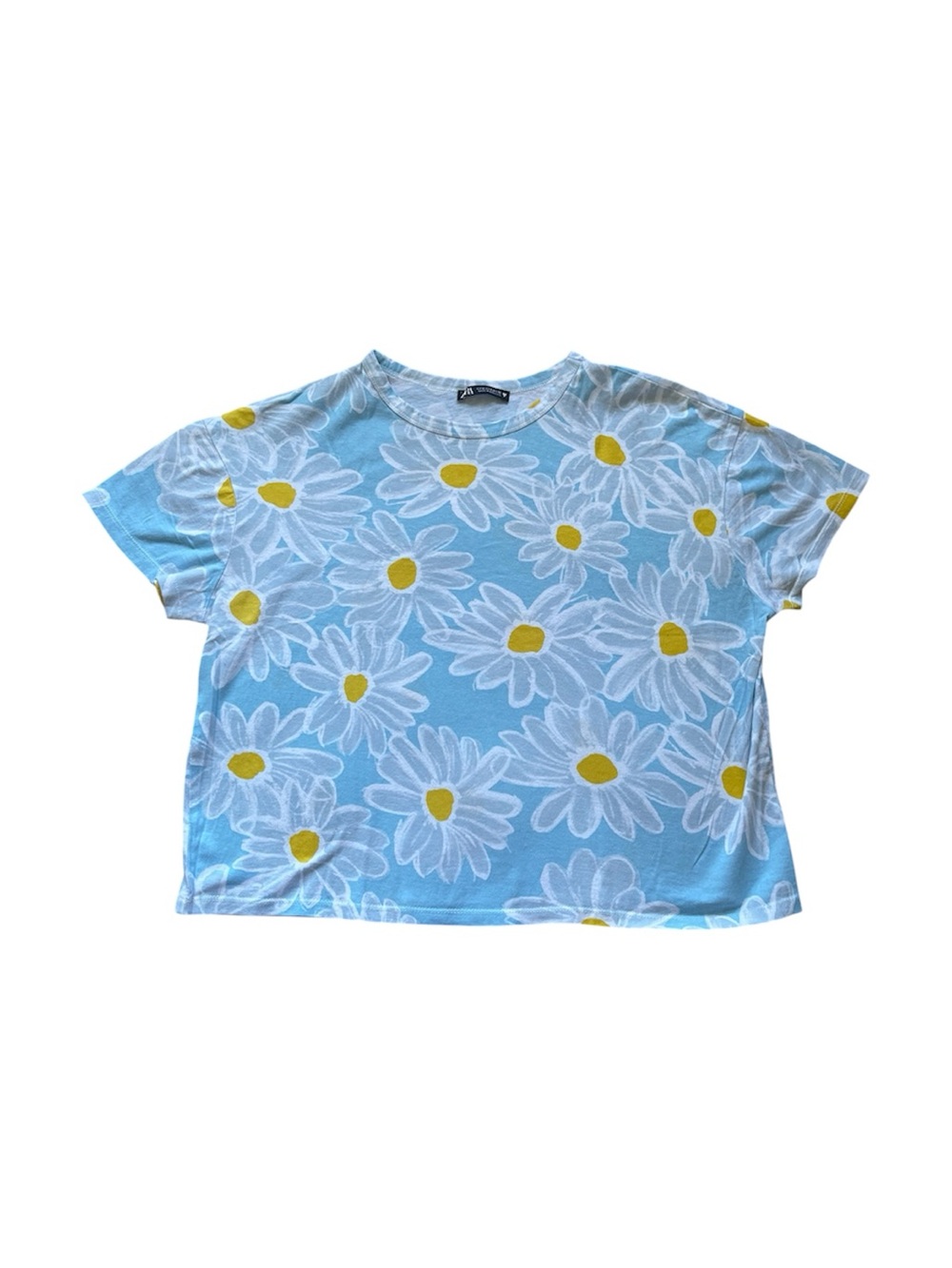 Zara Light Blue Daisy Print Tee with Yellow Centers